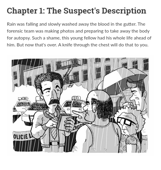 Intro paragraph of detective game, with illustration